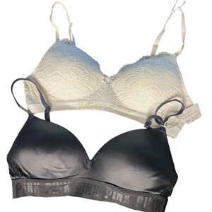 Lot of 2 Victoria's Secret White Lace Bra and PINK Black Bra Set 36B